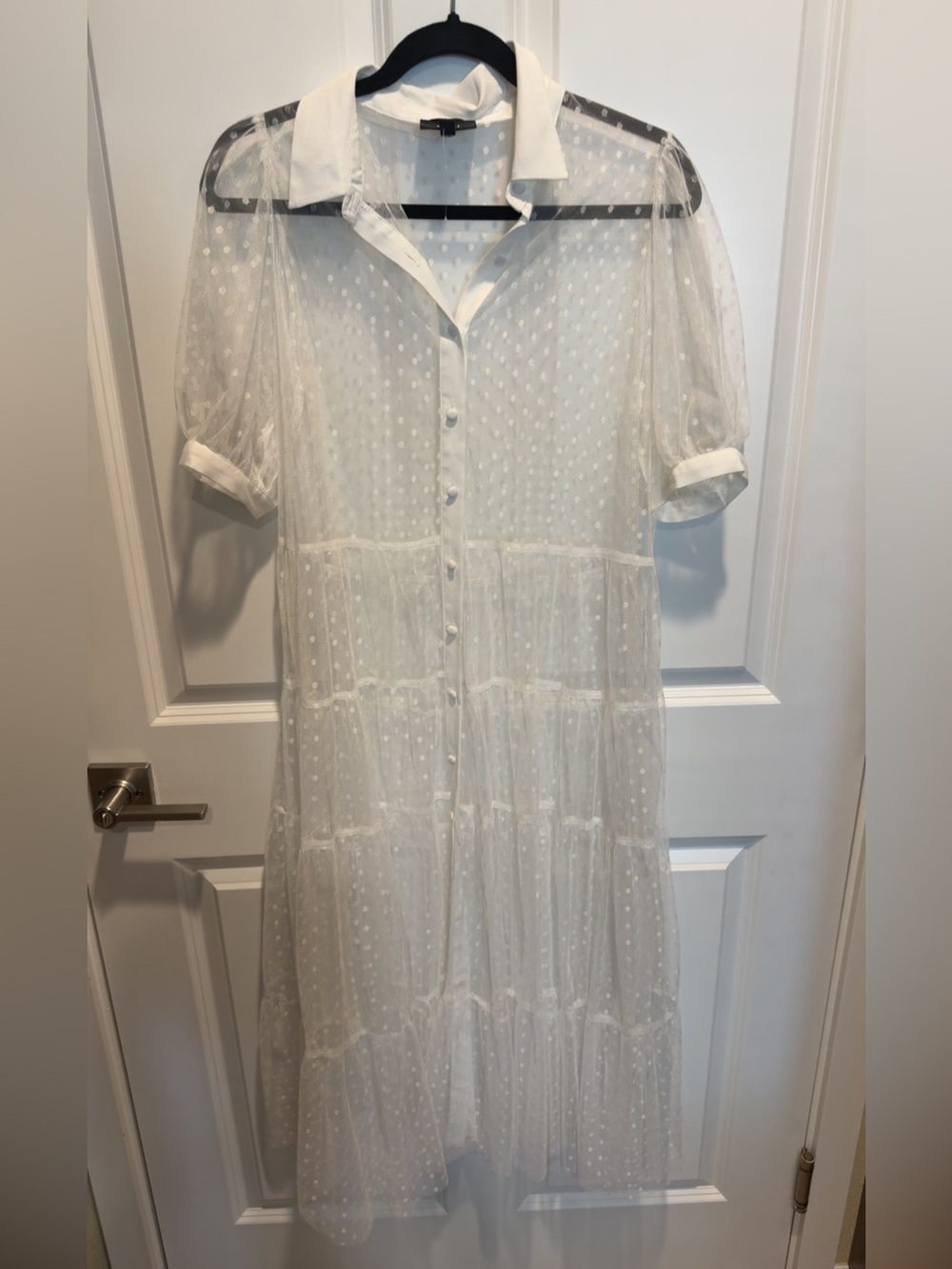 Sheer Swiss Dot White Tiered Shirt Dress